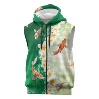 Hawaii And Japan Sleeveless Zip Hoodie Plumeria Lei With Koi Fish Green LT05 Green - Polynesian Pride