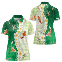 Hawaii And Japan Women Polo Shirt Plumeria Lei With Koi Fish Green - Polynesian Pride