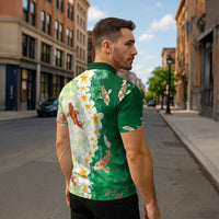 Hawaii And Japan Zipper Polo Shirt Plumeria Lei With Koi Fish Green - Polynesian Pride