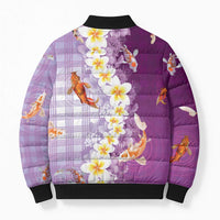 Hawaii And Japan Bomber Puffer Jacket Plumeria Lei With Koi Fish Purple LT05 - Polynesian Pride