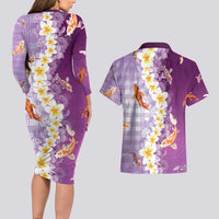 Hawaii And Japan Couples Matching Long Sleeve Bodycon Dress and Hawaiian Shirt Plumeria Lei With Koi Fish Purple - Polynesian Pride