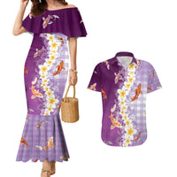 Hawaii And Japan Couples Matching Mermaid Dress and Hawaiian Shirt Plumeria Lei With Koi Fish Purple - Polynesian Pride