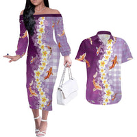 Hawaii And Japan Couples Matching Off The Shoulder Long Sleeve Dress and Hawaiian Shirt Plumeria Lei With Koi Fish Purple - Polynesian Pride