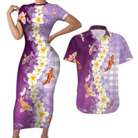 Hawaii And Japan Couples Matching Short Sleeve Bodycon Dress and Hawaiian Shirt Plumeria Lei With Koi Fish Purple - Polynesian Pride
