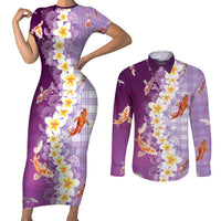 Hawaii And Japan Couples Matching Short Sleeve Bodycon Dress and Long Sleeve Button Shirt Plumeria Lei With Koi Fish Purple - Polynesian Pride