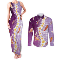 Hawaii And Japan Couples Matching Tank Maxi Dress and Long Sleeve Button Shirt Plumeria Lei With Koi Fish Purple - Polynesian Pride