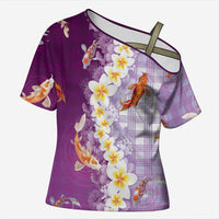 Hawaii And Japan Cross Shoulder Shirt Plumeria Lei With Koi Fish Purple LT05 Female Purple - Polynesian Pride