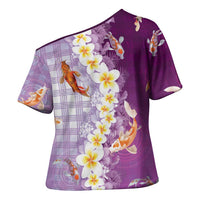 Hawaii And Japan Cross Shoulder Shirt Plumeria Lei With Koi Fish Purple LT05 - Polynesian Pride
