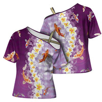 Hawaii And Japan Cross Shoulder Shirt Plumeria Lei With Koi Fish Purple LT05 - Polynesian Pride