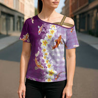 Hawaii And Japan Cross Shoulder Shirt Plumeria Lei With Koi Fish Purple LT05 - Polynesian Pride