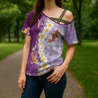 Hawaii And Japan Cross Shoulder Shirt Plumeria Lei With Koi Fish Purple LT05 - Polynesian Pride