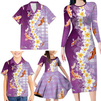 Hawaii And Japan Family Matching Long Sleeve Bodycon Dress and Hawaiian Shirt Plumeria Lei With Koi Fish Purple - Polynesian Pride