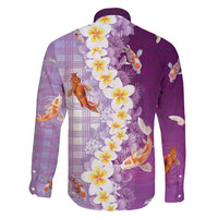 Hawaii And Japan Family Matching Long Sleeve Bodycon Dress and Hawaiian Shirt Plumeria Lei With Koi Fish Purple - Polynesian Pride