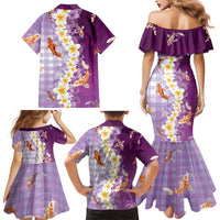 Hawaii And Japan Family Matching Mermaid Dress and Hawaiian Shirt Plumeria Lei With Koi Fish Purple - Polynesian Pride