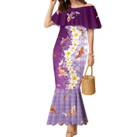 Hawaii And Japan Family Matching Mermaid Dress and Hawaiian Shirt Plumeria Lei With Koi Fish Purple - Polynesian Pride