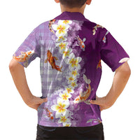 Hawaii And Japan Family Matching Off The Shoulder Long Sleeve Dress and Hawaiian Shirt Plumeria Lei With Koi Fish Purple - Polynesian Pride