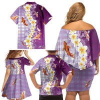 Hawaii And Japan Family Matching Off Shoulder Short Dress and Hawaiian Shirt Plumeria Lei With Koi Fish Purple - Polynesian Pride
