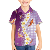 Hawaii And Japan Family Matching Off Shoulder Short Dress and Hawaiian Shirt Plumeria Lei With Koi Fish Purple - Polynesian Pride