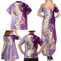 Hawaii And Japan Family Matching Summer Maxi Dress and Hawaiian Shirt Plumeria Lei With Koi Fish Purple - Polynesian Pride