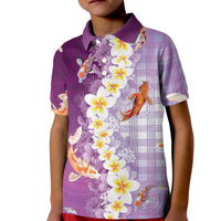Hawaii And Japan Kid Polo Shirt Plumeria Lei With Koi Fish Purple - Polynesian Pride