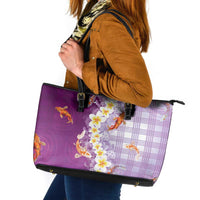 Hawaii And Japan Leather Tote Bag Plumeria Lei With Koi Fish Purple LT05 Purple - Polynesian Pride