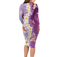 Hawaii And Japan Long Sleeve Bodycon Dress Plumeria Lei With Koi Fish Purple - Polynesian Pride