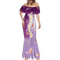 Hawaii And Japan Mermaid Dress Plumeria Lei With Koi Fish Purple - Polynesian Pride