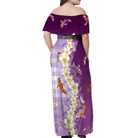 Hawaii And Japan Off Shoulder Maxi Dress Plumeria Lei With Koi Fish Purple - Polynesian Pride