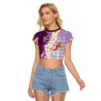 Hawaii And Japan Raglan Cropped T Shirt Plumeria Lei With Koi Fish Purple LT05 Female Purple - Polynesian Pride