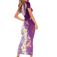 Hawaii And Japan Short Sleeve Bodycon Dress Plumeria Lei With Koi Fish Purple - Polynesian Pride