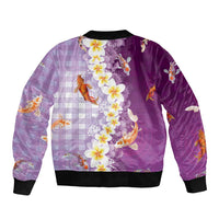 Hawaii And Japan Sleeve Zip Bomber Jacket Plumeria Lei With Koi Fish Purple LT05 - Polynesian Pride