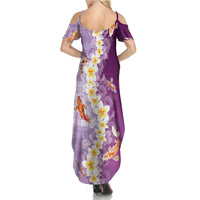 Hawaii And Japan Summer Maxi Dress Plumeria Lei With Koi Fish Purple - Polynesian Pride