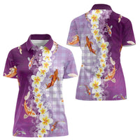 Hawaii And Japan Women Polo Shirt Plumeria Lei With Koi Fish Purple - Polynesian Pride