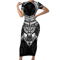 New Zealand Morepork Short Sleeve Bodycon Dress Maori Pattern Black