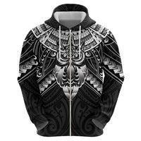 New Zealand Morepork Zip Hoodie Maori Pattern Black