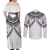 New Zealand Morepork Couples Matching Off Shoulder Maxi Dress and Long Sleeve Button Shirt Maori Pattern White LT05 - Polynesian Pride