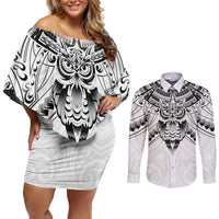 New Zealand Morepork Couples Matching Off Shoulder Short Dress and Long Sleeve Button Shirt Maori Pattern White LT05 White - Polynesian Pride