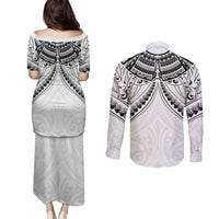 New Zealand Morepork Couples Matching Puletasi and Long Sleeve Button Shirt Maori Pattern White LT05 - Polynesian Pride