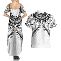 New Zealand Morepork Couples Matching Summer Maxi Dress and Hawaiian Shirt Maori Pattern White LT05 - Polynesian Pride