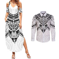 New Zealand Morepork Couples Matching Summer Maxi Dress and Long Sleeve Button Shirt Maori Pattern White LT05 White - Polynesian Pride