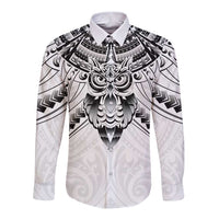 New Zealand Morepork Long Sleeve Button Shirt Maori Pattern White LT05 Unisex White - Polynesian Pride