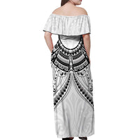 New Zealand Morepork Off Shoulder Maxi Dress Maori Pattern White