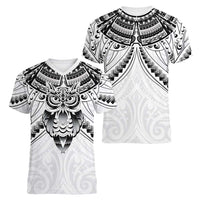 New Zealand Morepork Women V-Neck T-Shirt Maori Pattern White LT05 - Polynesian Pride