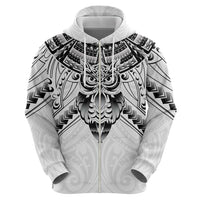 New Zealand Morepork Zip Hoodie Maori Pattern White