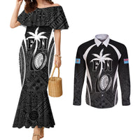 Custom Fiji Rugby Couples Matching Mermaid Dress and Long Sleeve Button Shirt Fijian Warrior Black
