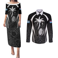 Custom Fiji Rugby Couples Matching Puletasi and Long Sleeve Button Shirt Fijian Warrior Black