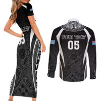 Custom Fiji Rugby Couples Matching Short Sleeve Bodycon Dress and Long Sleeve Button Shirt Fijian Warrior Black