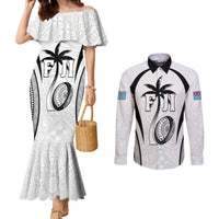 Custom Fiji Rugby Couples Matching Mermaid Dress and Long Sleeve Button Shirt Fijian Warrior White