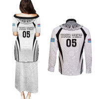 Custom Fiji Rugby Couples Matching Puletasi and Long Sleeve Button Shirt Fijian Warrior White