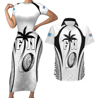 Custom Fiji Rugby Couples Matching Short Sleeve Bodycon Dress and Hawaiian Shirt Fijian Warrior White